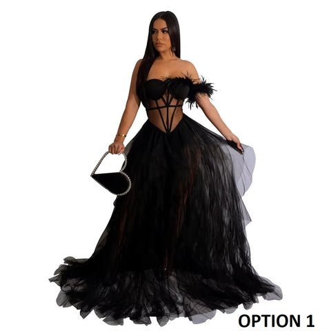 New Fashion Sleeveless Wrapped Chest Mesh Open Back Fishbone Perspective Long Dress CODE: KAR3383
