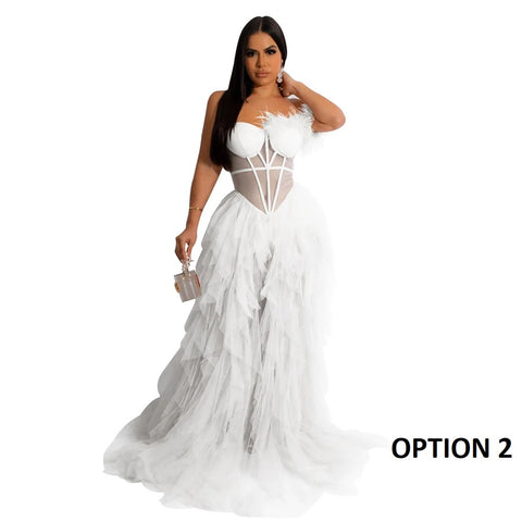 New Fashion Sleeveless Wrapped Chest Mesh Open Back Fishbone Perspective Long Dress CODE: KAR3383
