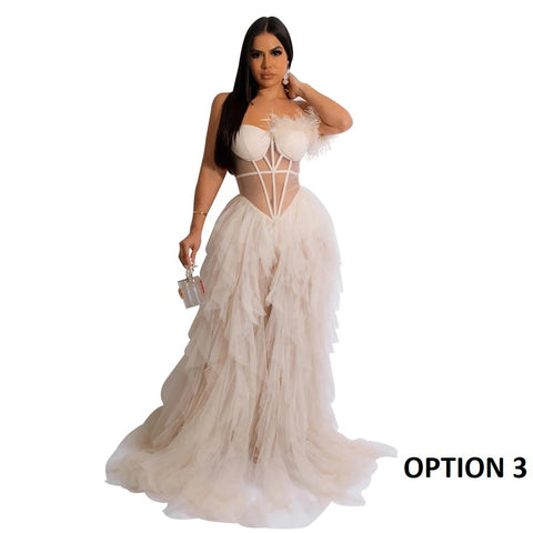 New Fashion Sleeveless Wrapped Chest Mesh Open Back Fishbone Perspective Long Dress CODE: KAR3383
