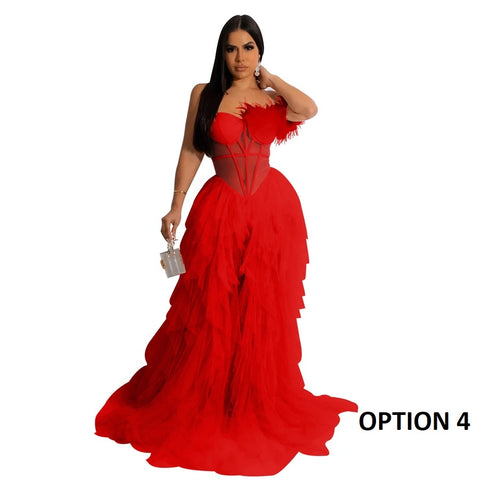 New Fashion Sleeveless Wrapped Chest Mesh Open Back Fishbone Perspective Long Dress CODE: KAR3383