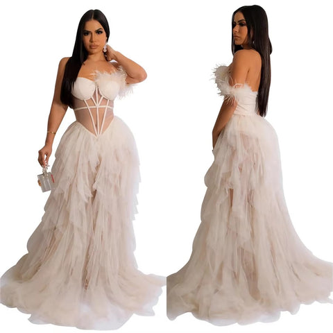 New Fashion Sleeveless Wrapped Chest Mesh Open Back Fishbone Perspective Long Dress CODE: KAR3383