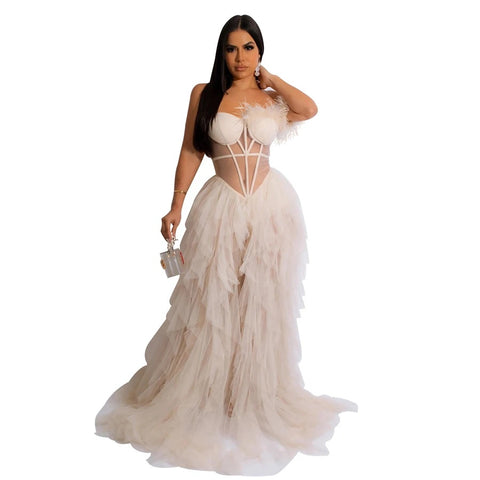 New Fashion Sleeveless Wrapped Chest Mesh Open Back Fishbone Perspective Long Dress CODE: KAR3383