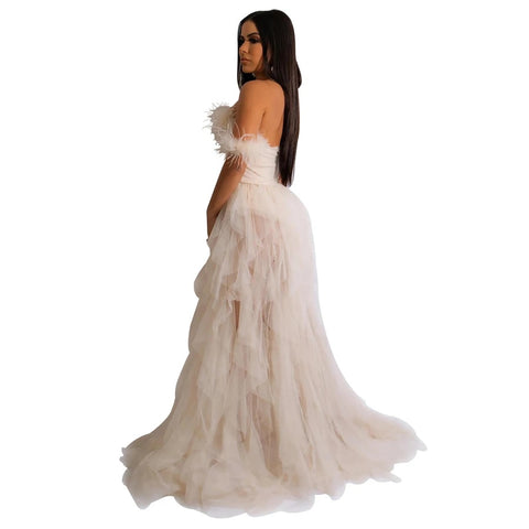 New Fashion Sleeveless Wrapped Chest Mesh Open Back Fishbone Perspective Long Dress CODE: KAR3383