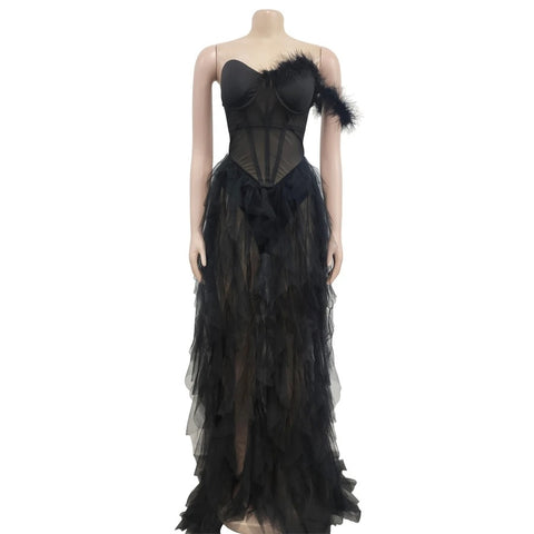 New Fashion Sleeveless Wrapped Chest Mesh Open Back Fishbone Perspective Long Dress CODE: KAR3383