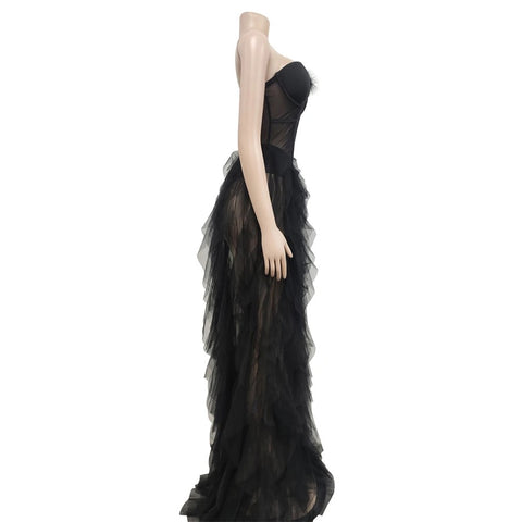 New Fashion Sleeveless Wrapped Chest Mesh Open Back Fishbone Perspective Long Dress CODE: KAR3383