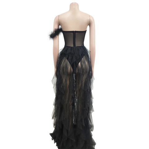 New Fashion Sleeveless Wrapped Chest Mesh Open Back Fishbone Perspective Long Dress CODE: KAR3383