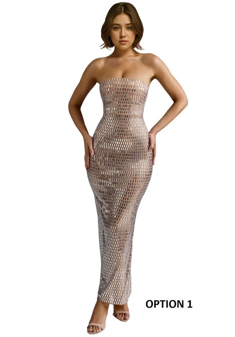 New Trend Strapless Solid Color Hot Drill Sleeveless Long Dress CODE: READY1556