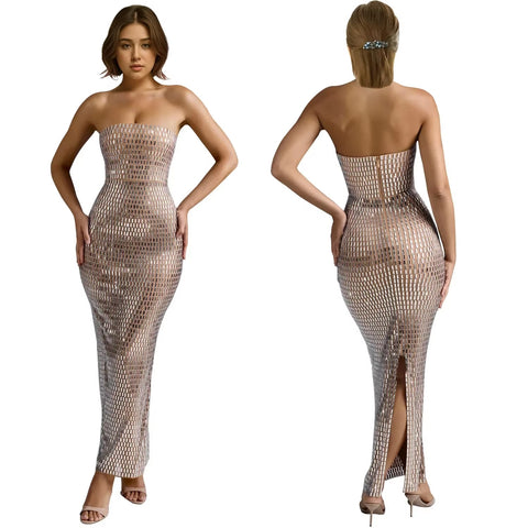 New Trend Strapless Solid Color Hot Drill Sleeveless Long Dress CODE: READY1556