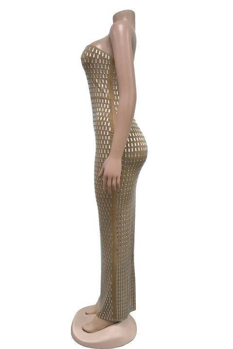 New Trend Strapless Solid Color Hot Drill Sleeveless Long Dress CODE: READY1556