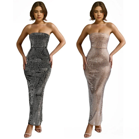 Summer New Trend Strapless Solid Color Hot Drill Sleeveless Long Dress CODE: KAR3384