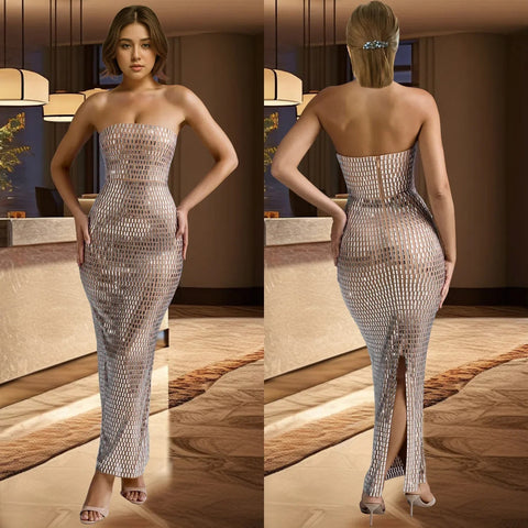 Summer New Trend Strapless Solid Color Hot Drill Sleeveless Long Dress CODE: KAR3384