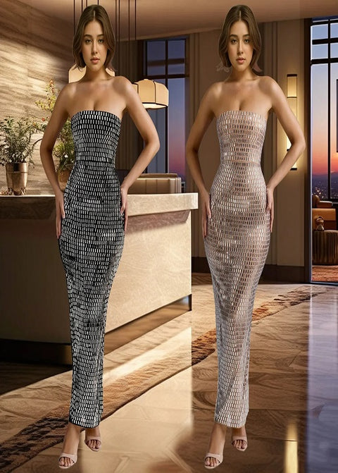 Summer New Trend Strapless Solid Color Hot Drill Sleeveless Long Dress CODE: KAR3384