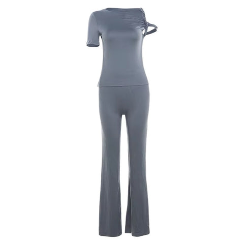 New Stretch Irregular Knot Short Sleeve Tank Top + Flare Pant 2 Piece Set CODE: KAR3387