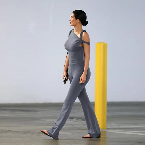 New Stretch Irregular Knot Short Sleeve Tank Top + Flare Pant 2 Piece Set CODE: KAR3387