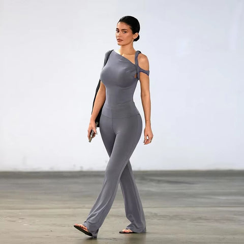 New Stretch Irregular Knot Short Sleeve Tank Top + Flare Pant 2 Piece Set CODE: KAR3387