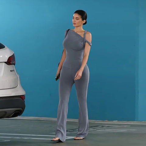 New Stretch Irregular Knot Short Sleeve Tank Top + Flare Pant 2 Piece Set CODE: KAR3387