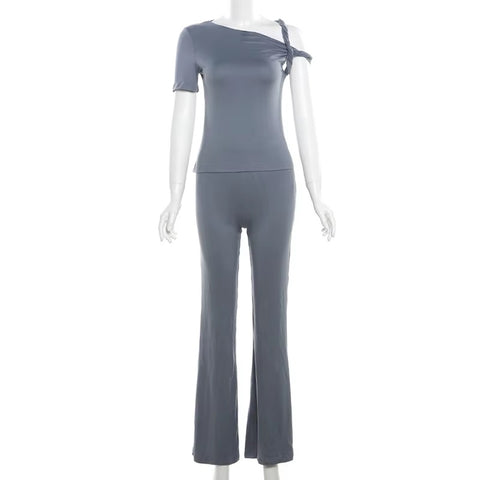 New Stretch Irregular Knot Short Sleeve Tank Top + Flare Pant 2 Piece Set CODE: KAR3387