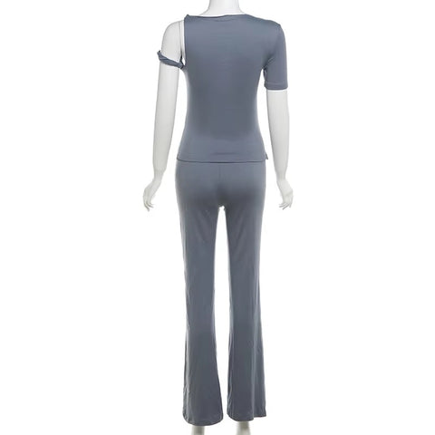 New Stretch Irregular Knot Short Sleeve Tank Top + Flare Pant 2 Piece Set CODE: KAR3387