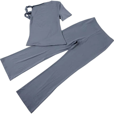 New Stretch Irregular Knot Short Sleeve Tank Top + Flare Pant 2 Piece Set CODE: KAR3387