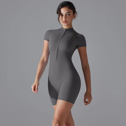 New Seamless One-Piece Zipper Short Sleeve Fitness Jumpsuits CODE: KAR3390