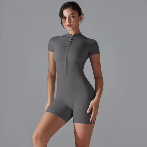 New Seamless One-Piece Zipper Short Sleeve Fitness Jumpsuits CODE: KAR3390