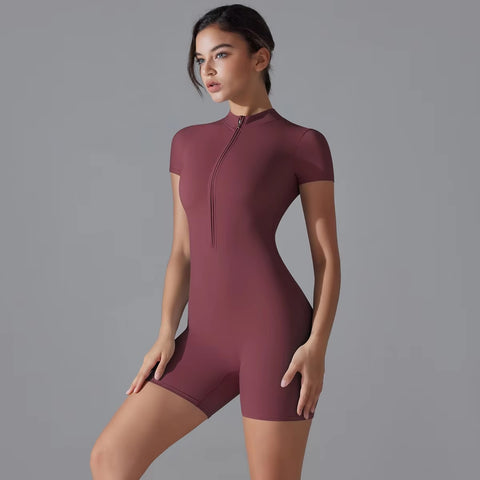 New Seamless One-Piece Zipper Short Sleeve Fitness Jumpsuits CODE: KAR3390