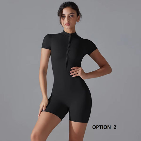 New Seamless One-Piece Zipper Short Sleeve Fitness Jumpsuits CODE: KAR3390