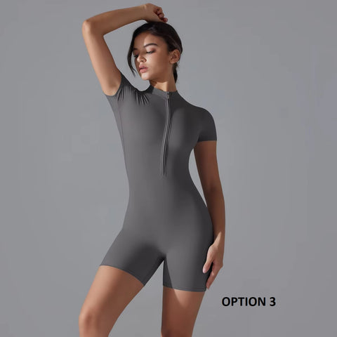 New Seamless One-Piece Zipper Short Sleeve Fitness Jumpsuits CODE: KAR3390