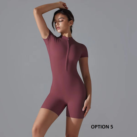 New Seamless One-Piece Zipper Short Sleeve Fitness Jumpsuits CODE: KAR3390
