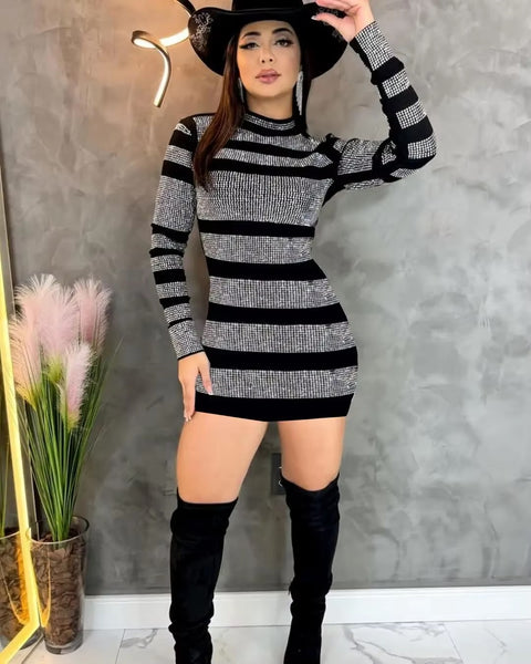 New Fashion Trend in Autumn Hot Drill Long Sleeve Hip Elastic Dress CODE: KAR3394