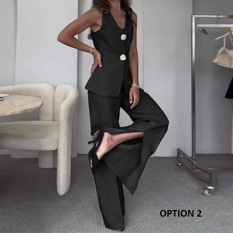 New Elegant V Neck Single Breasted Vest Side Slit Wide Leg Pant 2 Piece Set  CODE: KAR3396