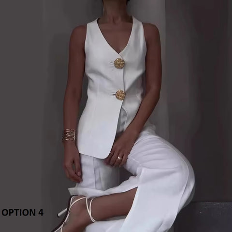 New Elegant V Neck Single Breasted Vest Side Slit Wide Leg Pant 2 Piece Set  CODE: KAR3396