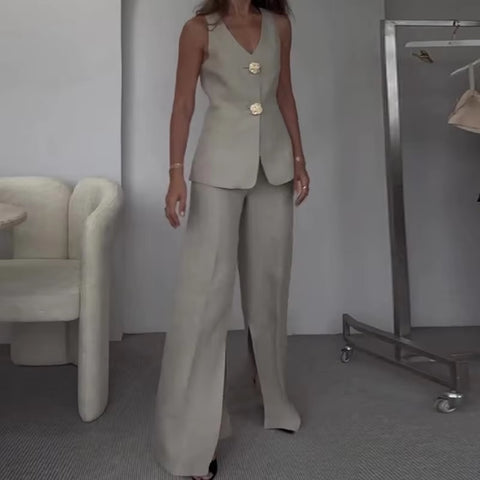 New Elegant V Neck Single Breasted Vest Side Slit Wide Leg Pant 2 Piece Set  CODE: KAR3396