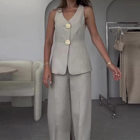 New Elegant V Neck Single Breasted Vest Side Slit Wide Leg Pant 2 Piece Set  CODE: KAR3396