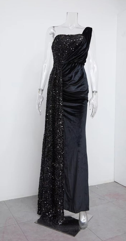 New Sequin Elegant One Shoulder Draped Split Bridesmaid Wine Long Dress CODE: KAR3402