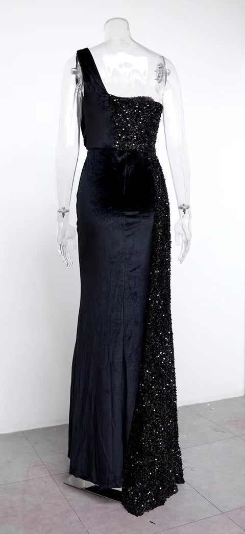 New Sequin Elegant One Shoulder Draped Split Bridesmaid Wine Long Dress CODE: KAR3402