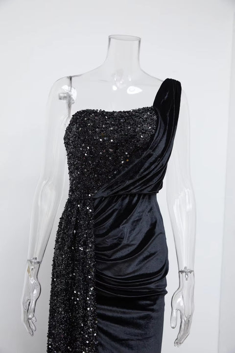 New Sequin Elegant One Shoulder Draped Split Bridesmaid Wine Long Dress CODE: KAR3402