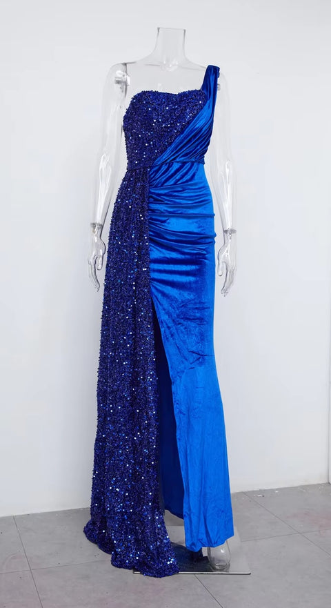 New Sequin Elegant One Shoulder Draped Split Bridesmaid Wine Long Dress CODE: KAR3402