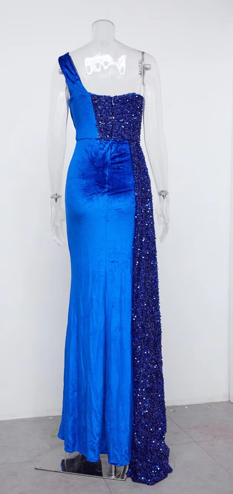 New Sequin Elegant One Shoulder Draped Split Bridesmaid Wine Long Dress CODE: KAR3402