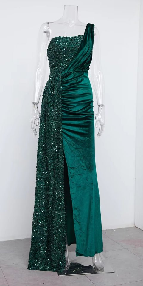 New Sequin Elegant One Shoulder Draped Split Bridesmaid Wine Long Dress CODE: KAR3402