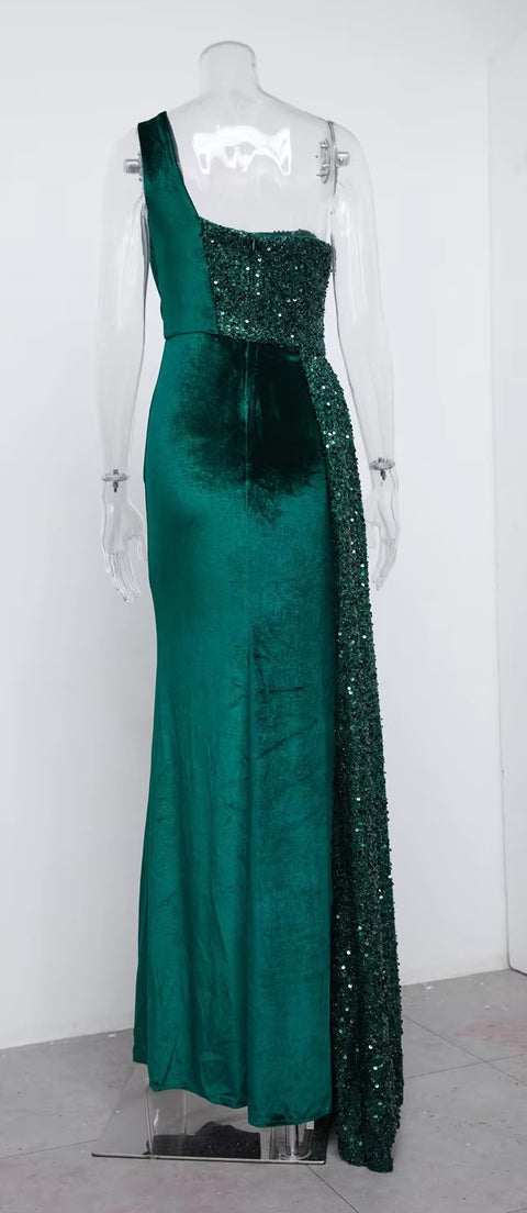 New Sequin Elegant One Shoulder Draped Split Bridesmaid Wine Long Dress CODE: KAR3402