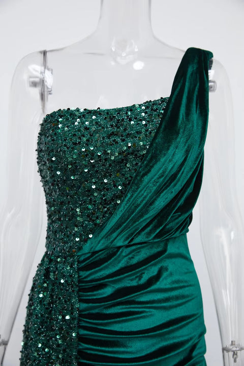 New Sequin Elegant One Shoulder Draped Split Bridesmaid Wine Long Dress CODE: KAR3402