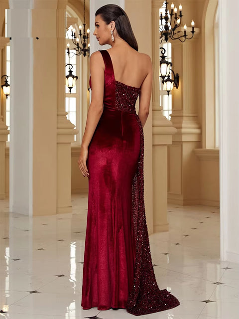 New Sequin Elegant One Shoulder Draped Split Bridesmaid Wine Long Dress CODE: KAR3402