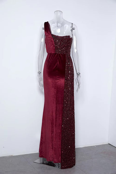 New Sequin Elegant One Shoulder Draped Split Bridesmaid Wine Long Dress CODE: KAR3402