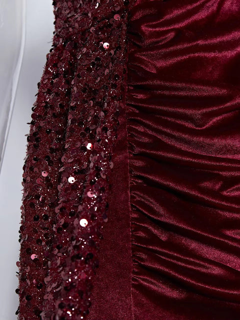 New Sequin Elegant One Shoulder Draped Split Bridesmaid Wine Long Dress CODE: KAR3402