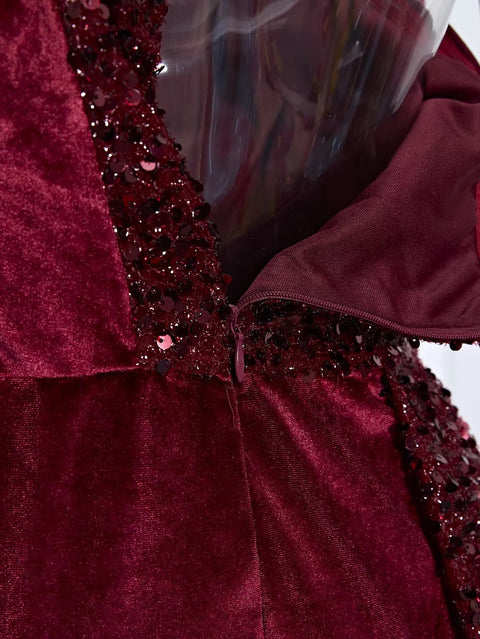 New Sequin Elegant One Shoulder Draped Split Bridesmaid Wine Long Dress CODE: KAR3402