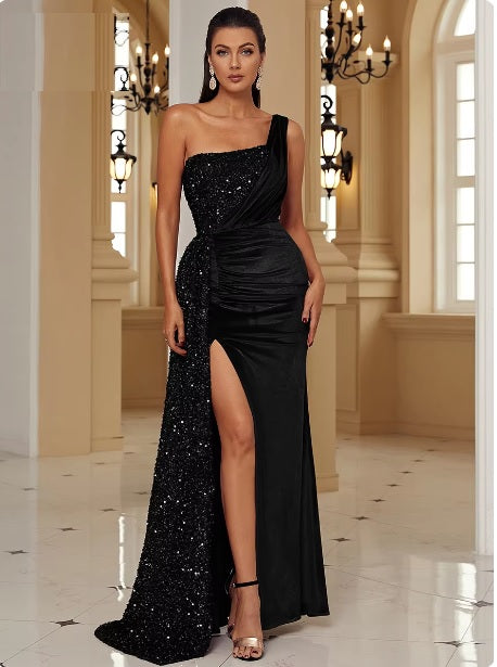 New Sequin Elegant One Shoulder Draped Split Bridesmaid Wine Long Dress CODE: KAR3402