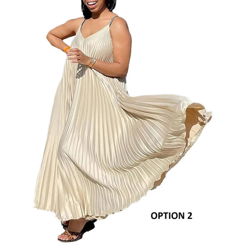 Summer New Loose Waisted V-Neck Sexy Suspender Pleated Elegant Casual Dress CODE: KAR3405