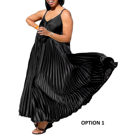 Summer New Loose Waisted V-Neck Sexy Suspender Pleated Elegant Casual Dress CODE: KAR3405
