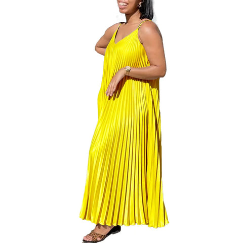 Summer New Loose Waisted V-Neck Sexy Suspender Pleated Elegant Casual Dress CODE: KAR3405